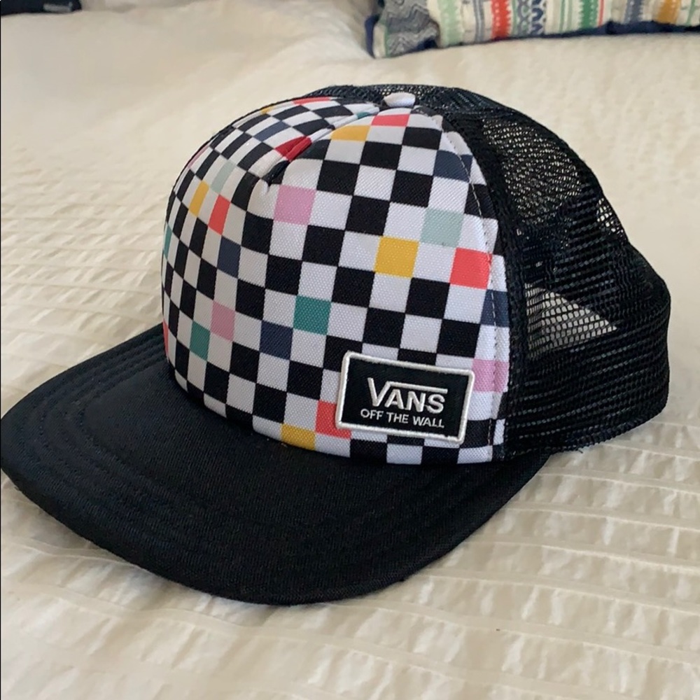 Authentic Vans multi-color checkered trucker hat.